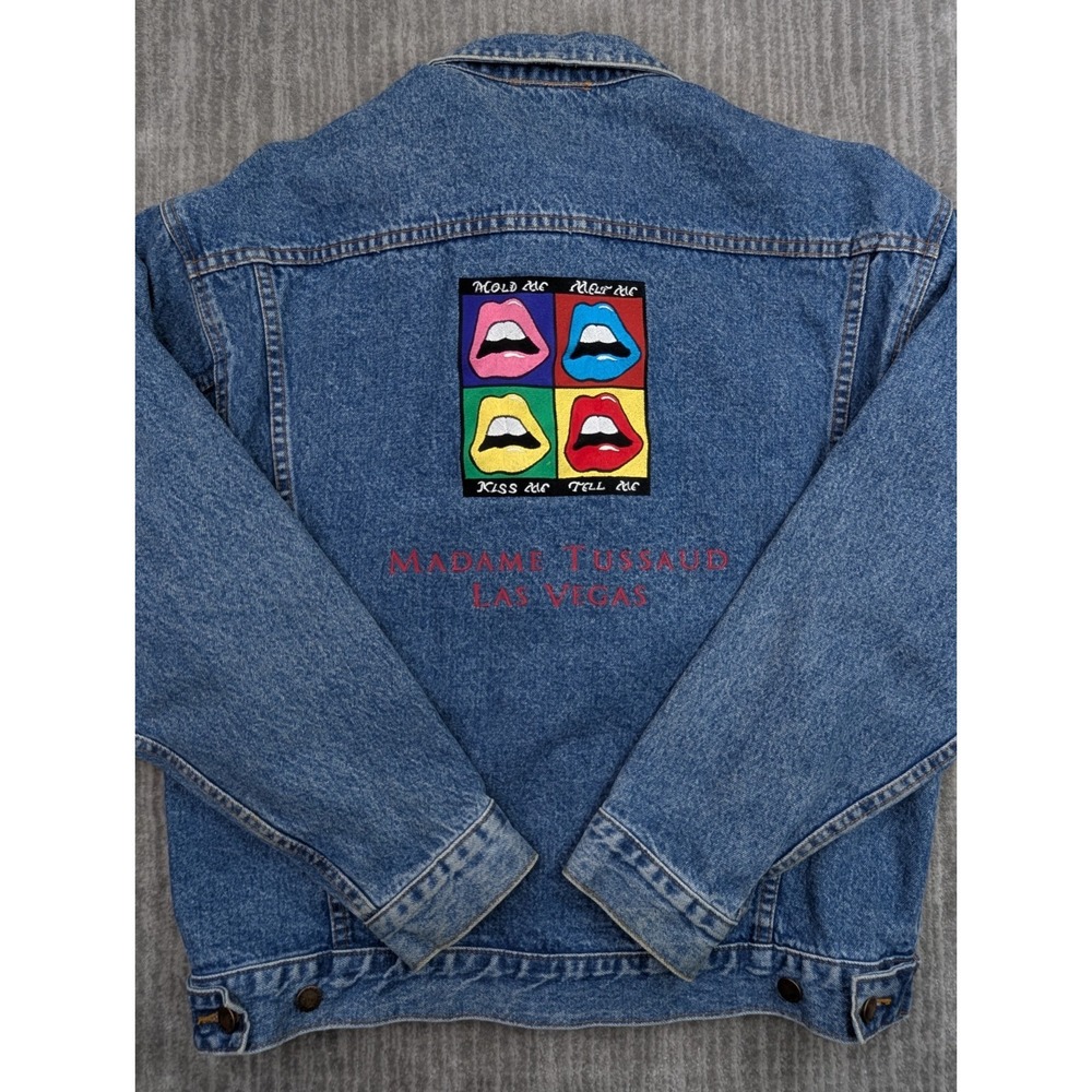 Vintage Madame Tussaud Denim Jacket Women's Large Las Vegas Embroidered Lips 90s